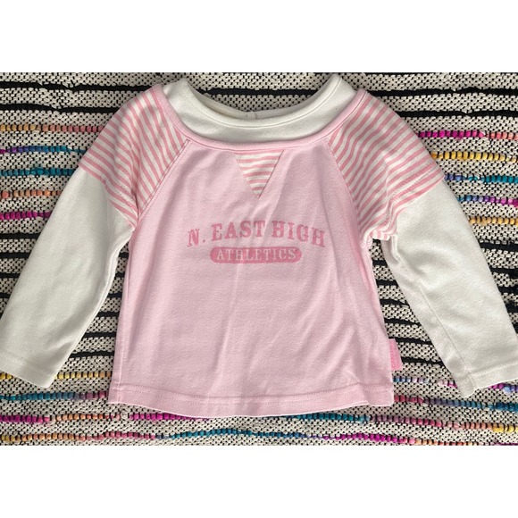 Vintage Carters Watch the Wear Long Sleeve Pink and Stripes Graphic Tee 24m - Picture 1 of 7